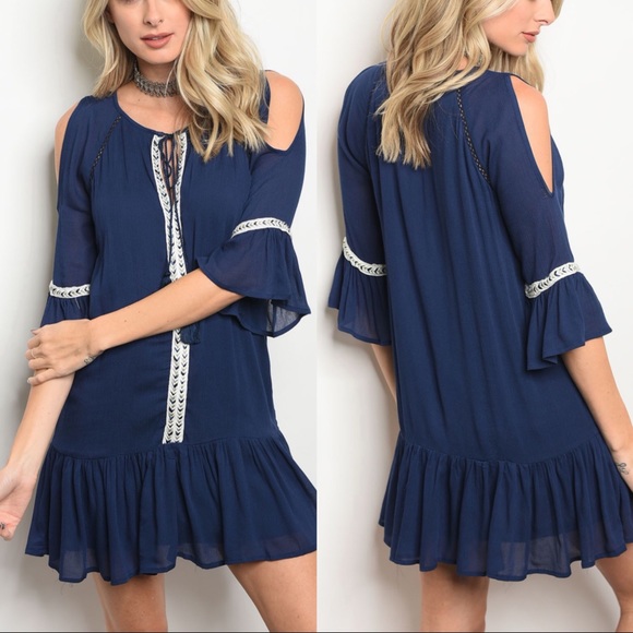 5 ⭐️ Vibes - Navy Blue Cold Shoulder Mini Dress - Picture 2 of 4
